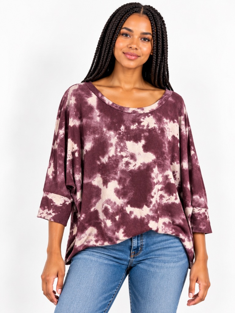 eesome Plum and Cream Tie-Dye Dolman Sleeve Top